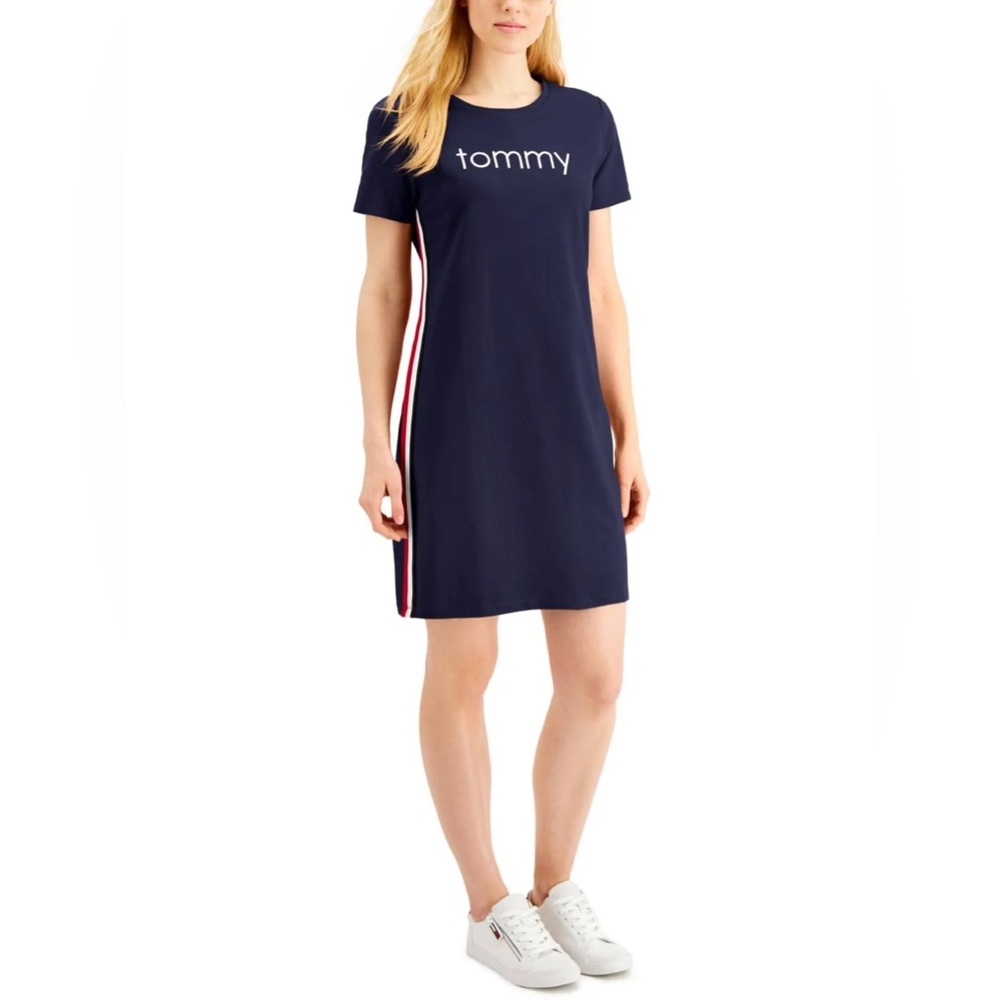 🦋 Tommy Hilfiger Navy Embroidered Logo Crew Neck T-Shirt Mini Dress